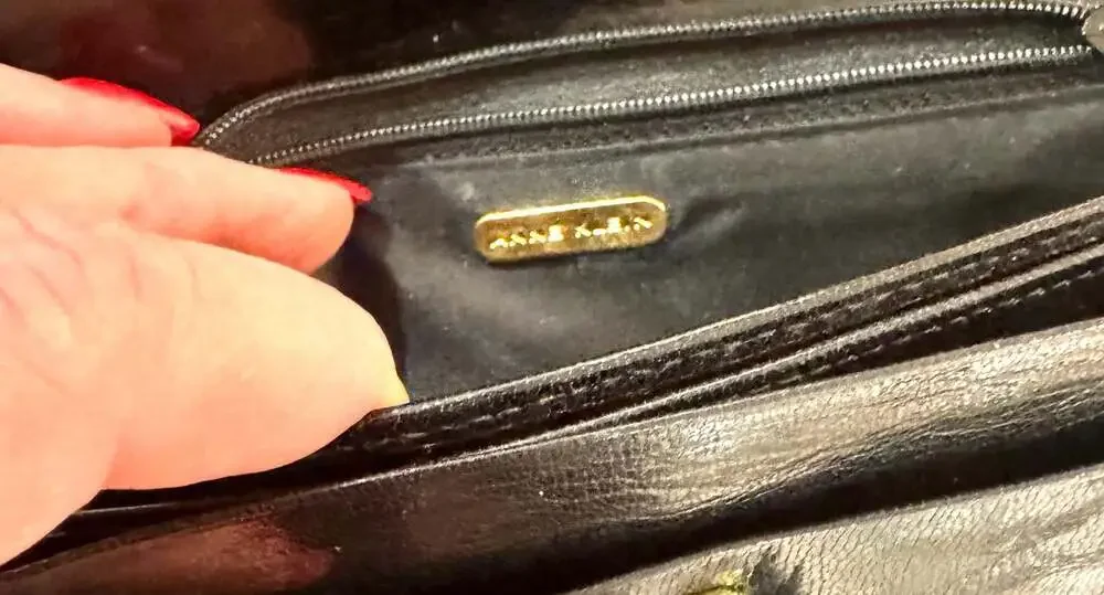 Vintage Anne Klein Black Leather Clutch Wallet with Gold Lion Logo